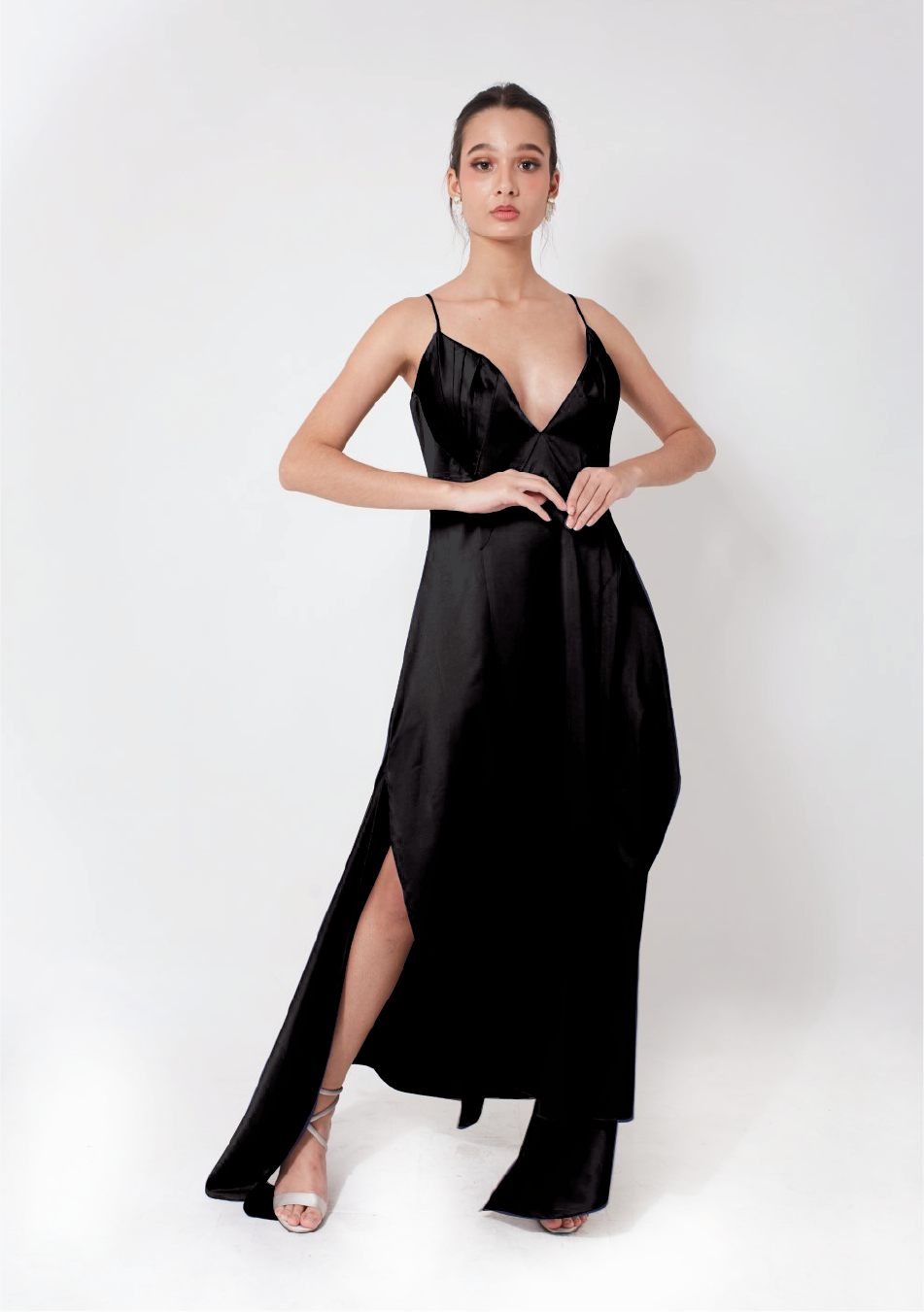 Briolette. Maxi Slit Deep V Dress  - Black