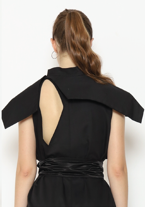 Jade. Diamond Cut Back Jumpsuit With Detachable Vest - Black + Silk Black