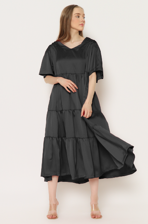 Harlow. Maxy Silk Dress with Flowy Bell Sleeve - Black