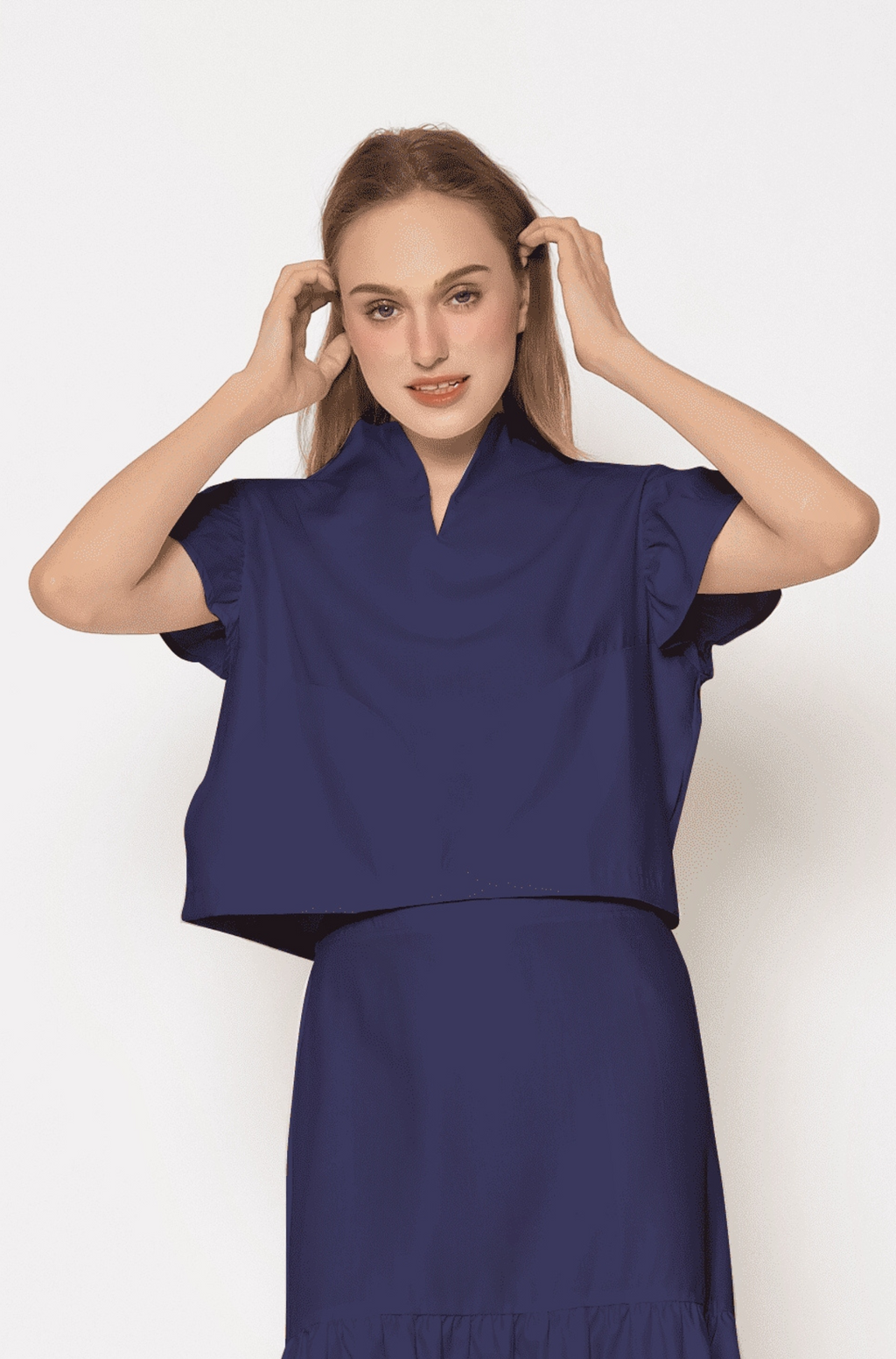 Monique. Fluff Sleeve Top with Side Pocket - Navy