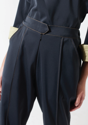 Olivine. Pencil Pants With Gold Treat Detail
