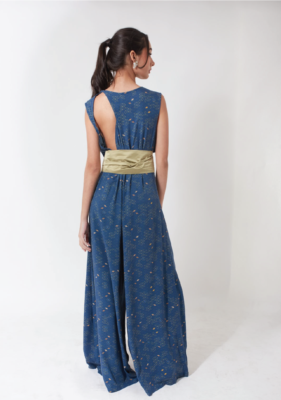 Jade. Diamond Cut Back Jumpsuit With Detachable Vest - Special Printed Pattern + Silk Gold