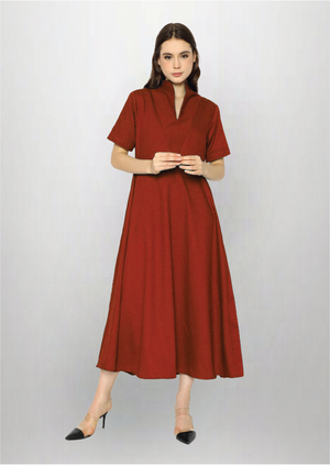 Beverly. High-neck Shift Dress with V-Front Detail - Teracotta