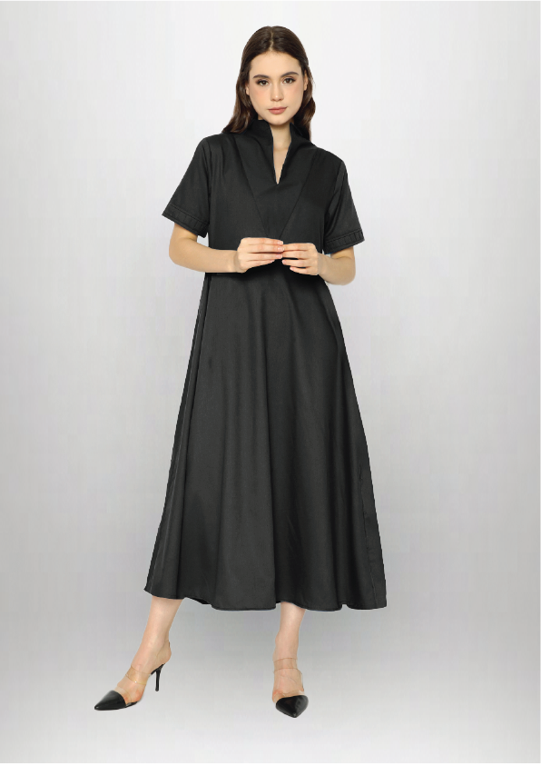 Beverly. High-neck Shift Dress with V-Front Detail - Black