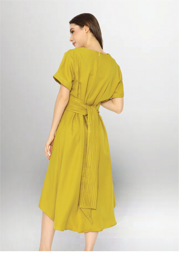 Alena. Bespoke Midi Dress with Pleated Belt - Yellow