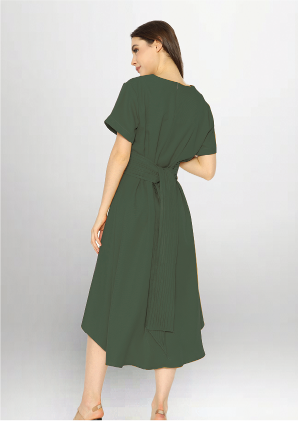 Alena. Bespoke Midi Dress with Pleated Belt - Green