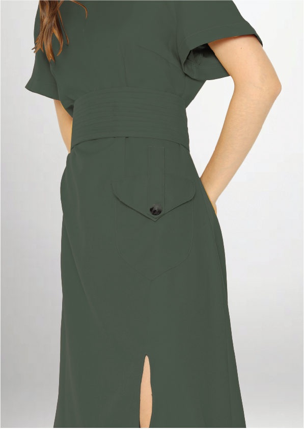 Alena. Bespoke Midi Dress with Pleated Belt - Green