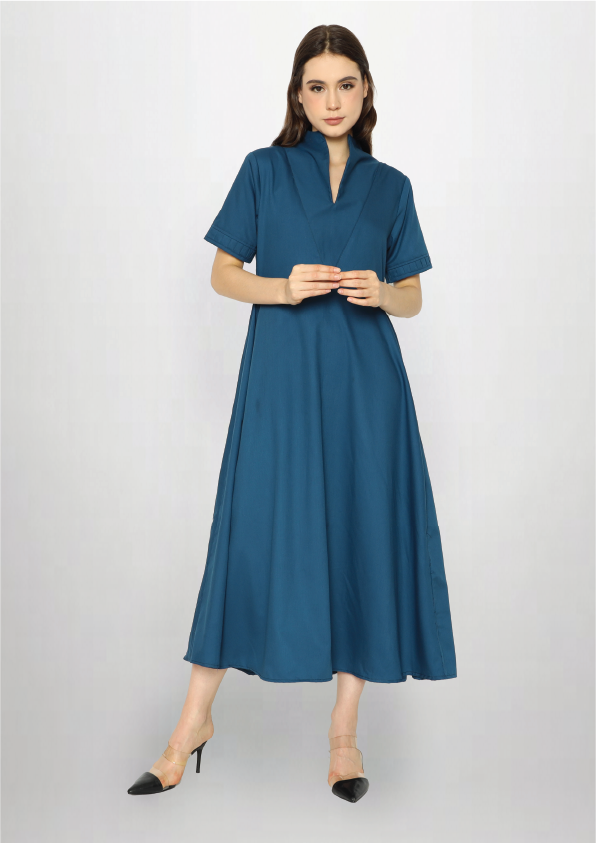 Beverly. High-neck Shift Dress with V-Front Detail - Blue Turkish