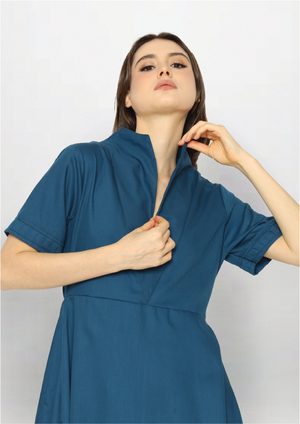 Beverly. High-neck Shift Dress with V-Front Detail - Blue Turkish