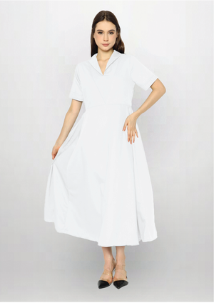 Beverly. High-neck Shift Dress with V-Front Detail - White
