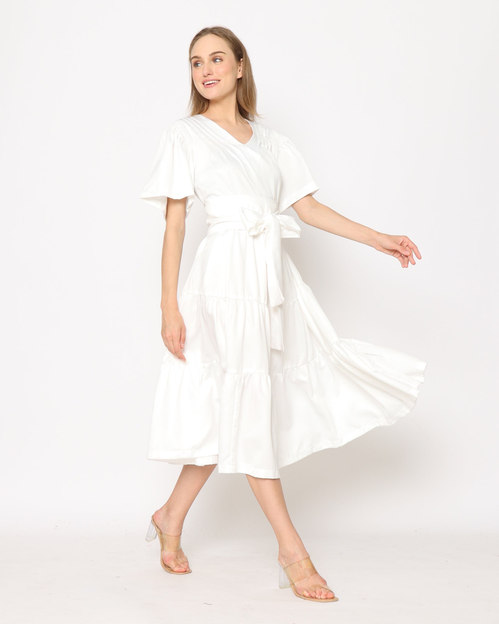Harlow. Maxy Silk Dress with Flowy Bell Sleeve - White