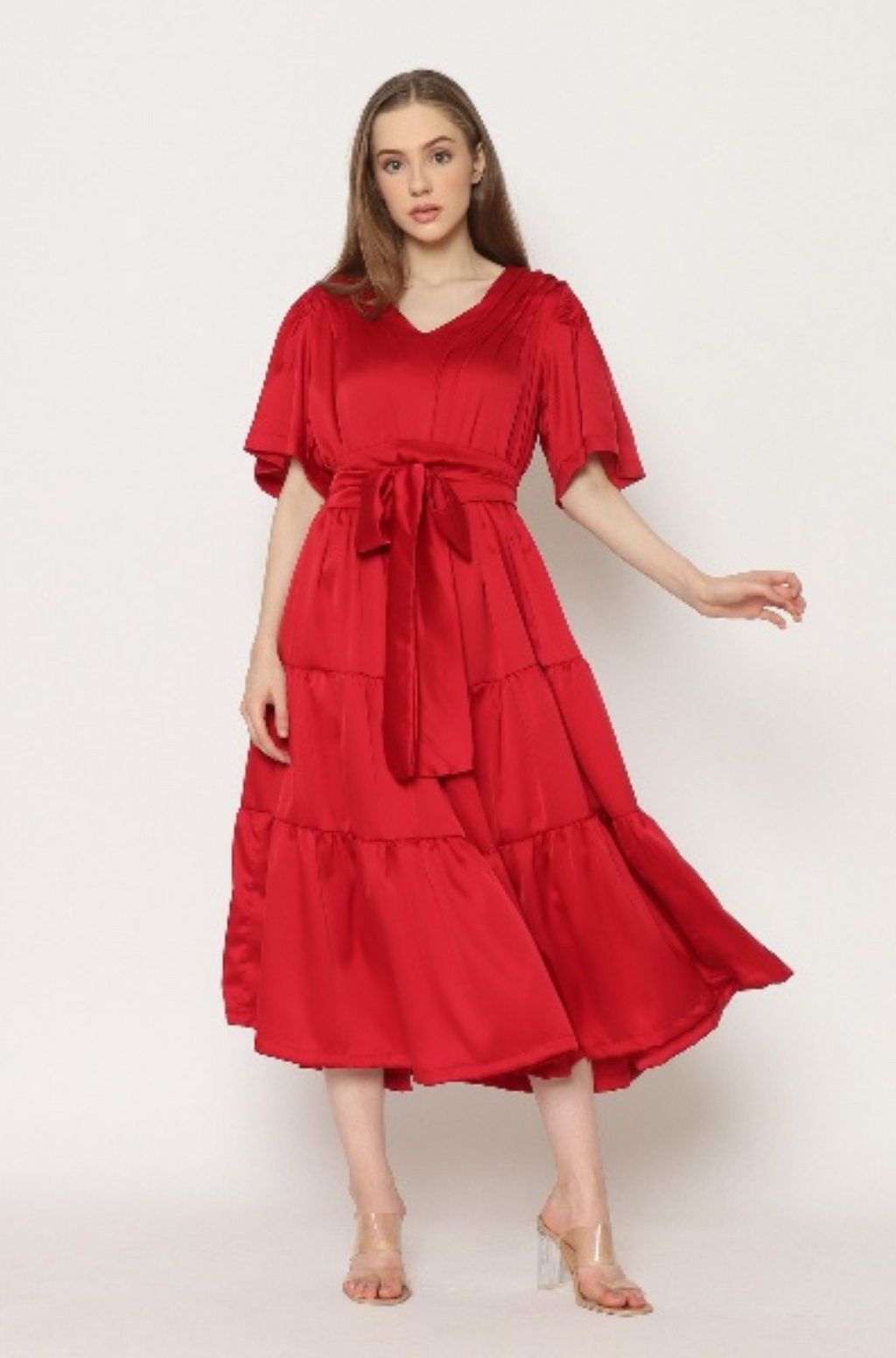 Harlow. Maxy Silk Dress with Flowy Bell Sleeve - Red