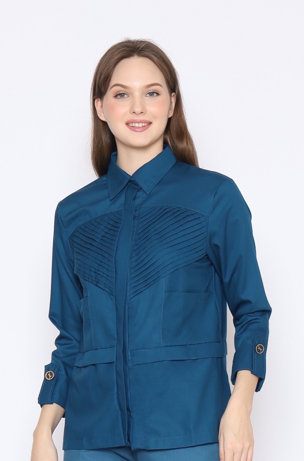 Cameron. Multi-Purpose Blouse Shirt with Pleated Details - Blue
