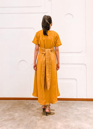 Alena. Bespoke Midi Dress with Pleated Belt - Yellow