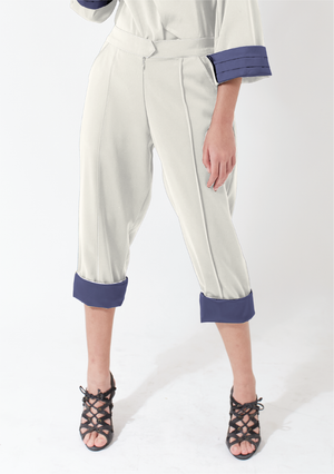 Olivine. Pencil Pants With White & Blue Treat Detail