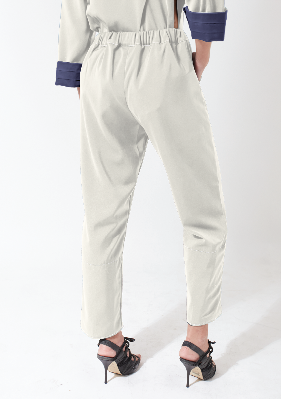 Olivine. Pencil Pants With White & Blue Treat Detail